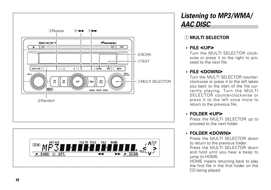 Scion PT546-00080 manual Listening to MP3/WMA, Multi Selector File UP, File Down, Folder UP, Folder Down 