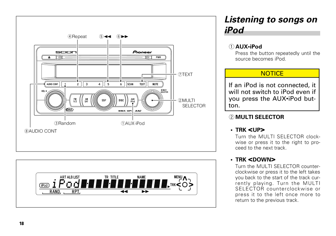 Scion PT546-00080 manual Listening to songs on iPod, AUXiPod 