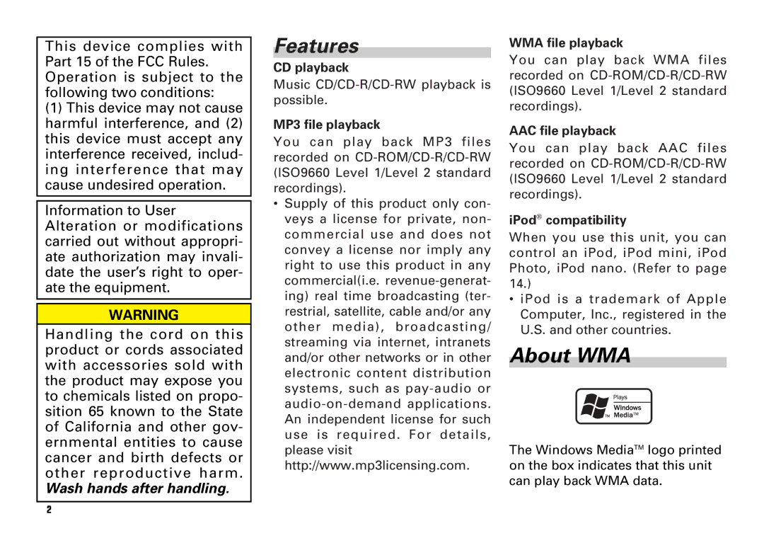 Scion PT546-00080 manual Features, About WMA 