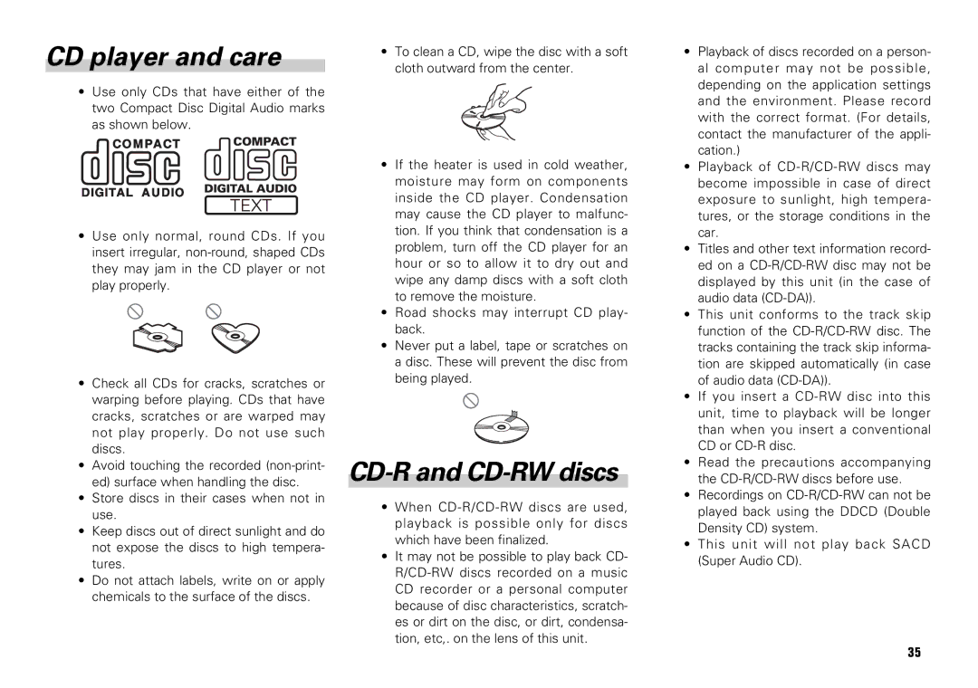 Scion PT546-00080 manual CD player and care, CD-R and CD-RW discs 