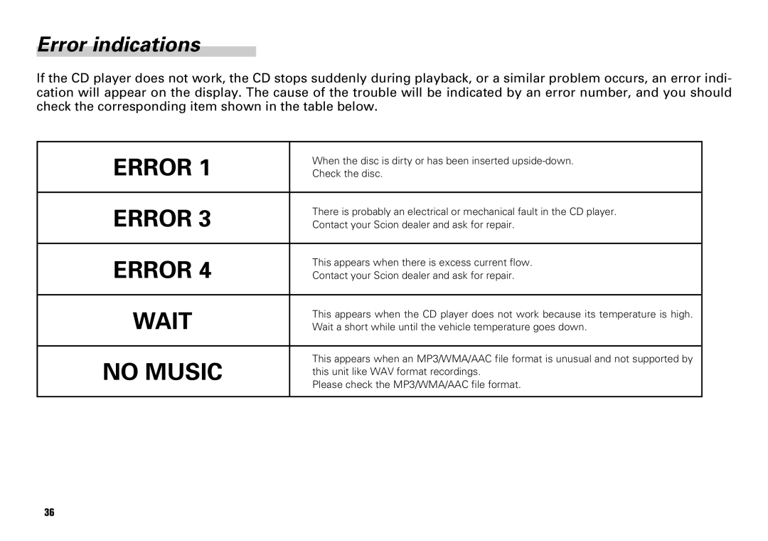 Scion PT546-00080 manual Error indications 