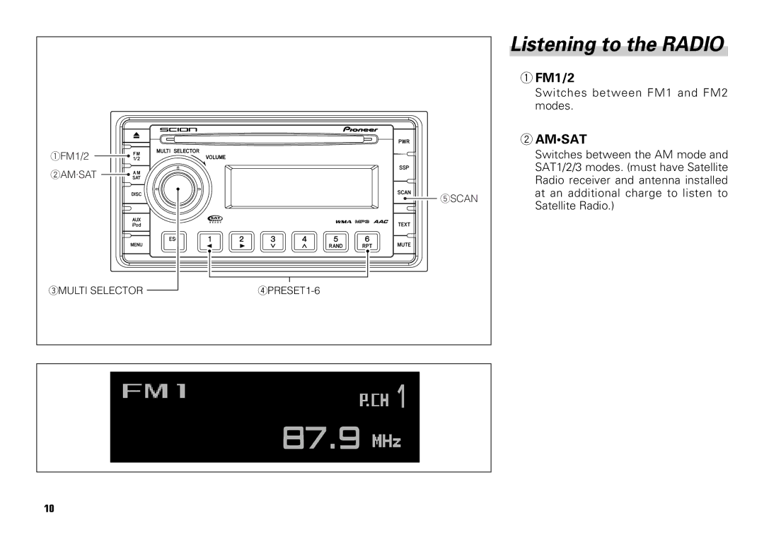 Scion PT546-00081 manual Listening to the Radio, FM1/2, Amsat 