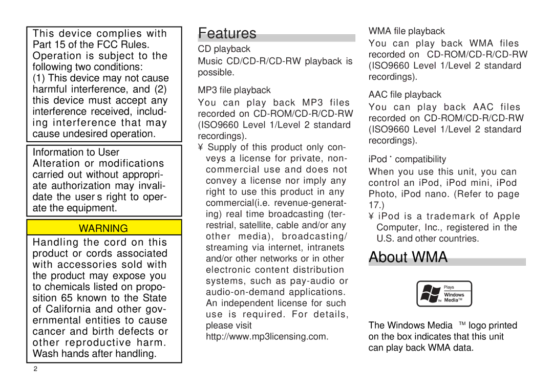 Scion PT546-00081 manual Features, About WMA 