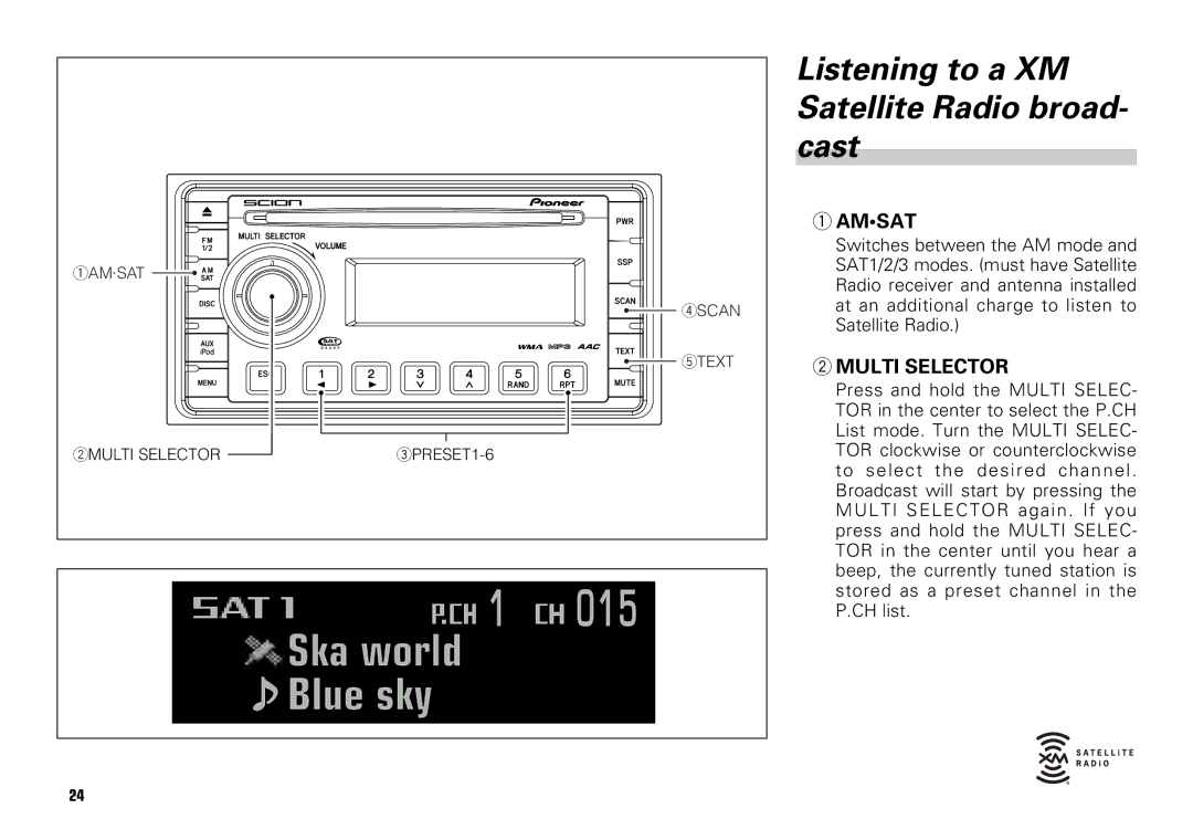 Scion PT546-00081 manual Listening to a XM Satellite Radio broad- cast, Amsat 