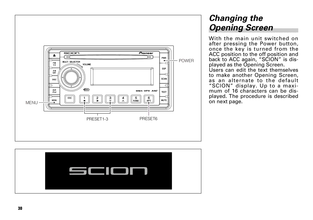 Scion PT546-00081 manual Changing Opening Screen 