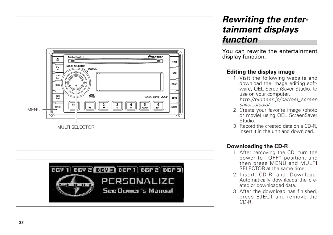 Scion PT546-00081 manual Rewriting the enter- tainment displays function, Editing the display image, Downloading the CD-R 