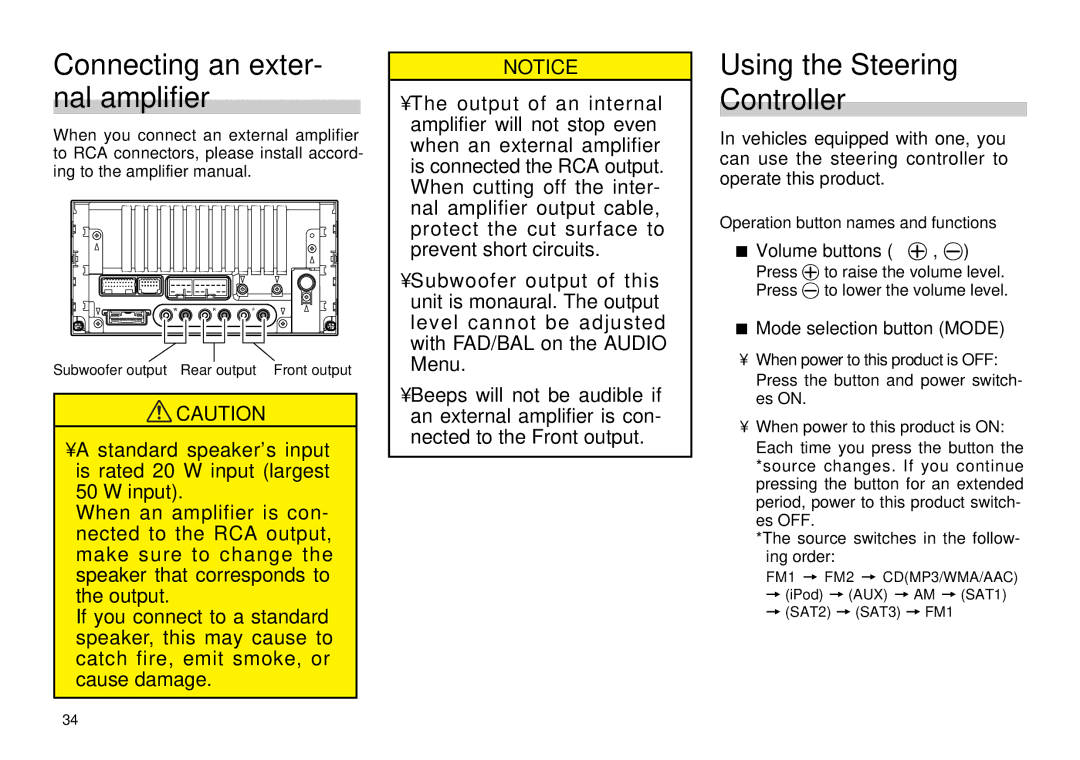 Scion PT546-00081 manual Connecting an exter- nal amplifier, Using the Steering Controller, Volume buttons ª , · 