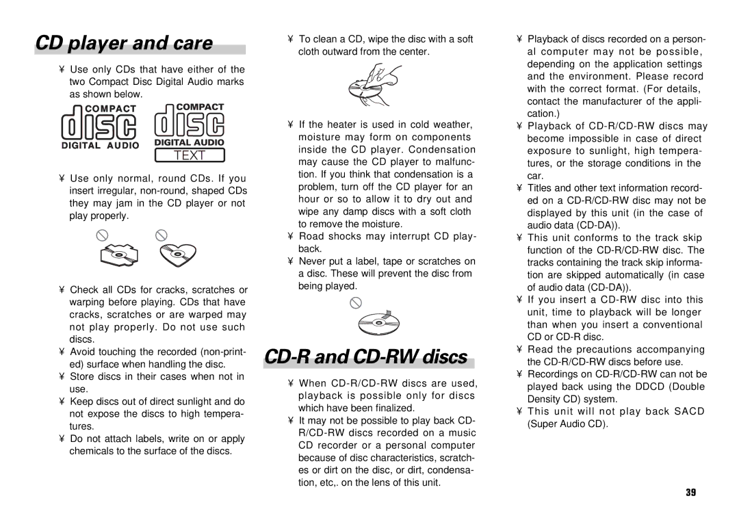 Scion PT546-00081 manual CD player and care, CD-R and CD-RW discs 