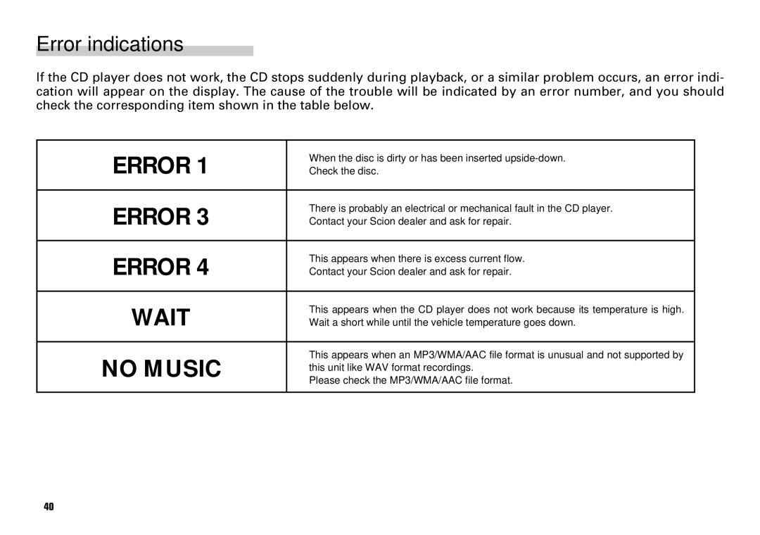 Scion PT546-00081 manual Error indications 