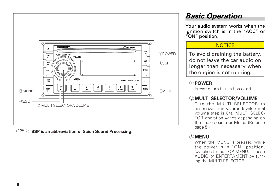 Scion PT546-00081 manual Basic Operation, Power, Multi SELECTOR/VOLUME, Menu 