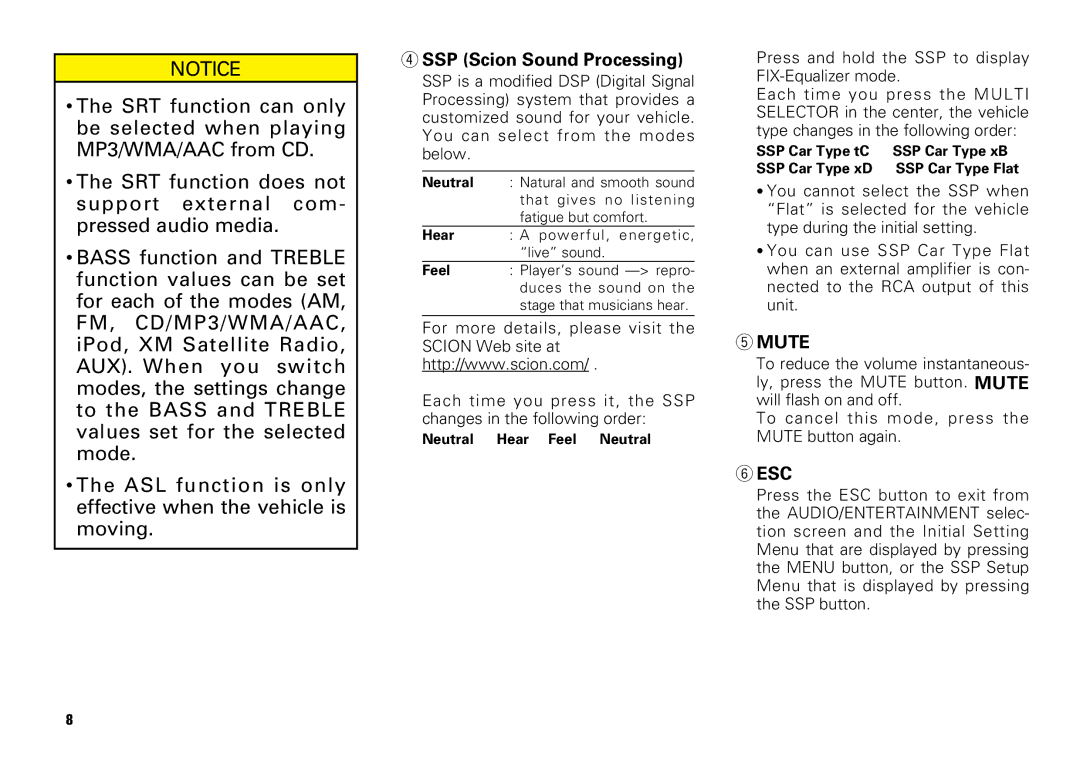 Scion PT546-00081 manual SSP Scion Sound Processing, Mute, Esc 