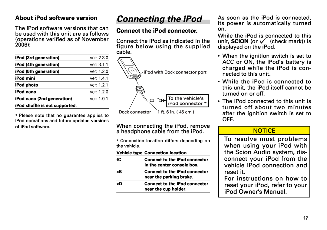 Scion PT546-00081 manual Connecting the iPod, About iPod software version, Connect the iPod connector 