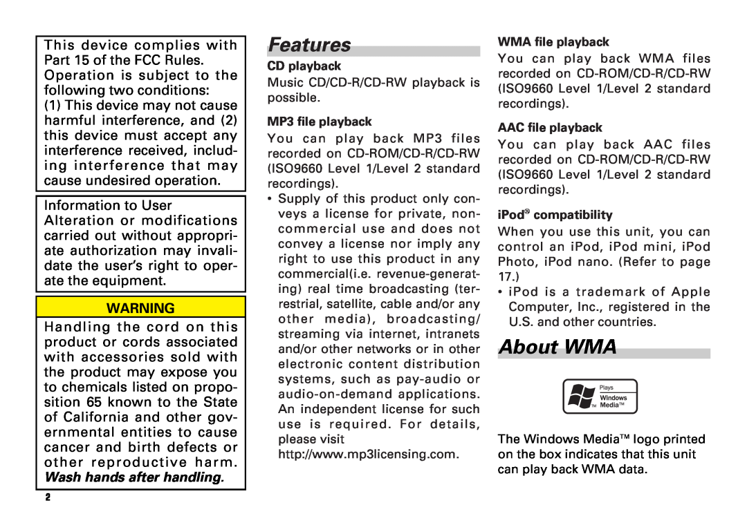 Scion PT546-00081 manual Features, About WMA, Wash hands after handling 