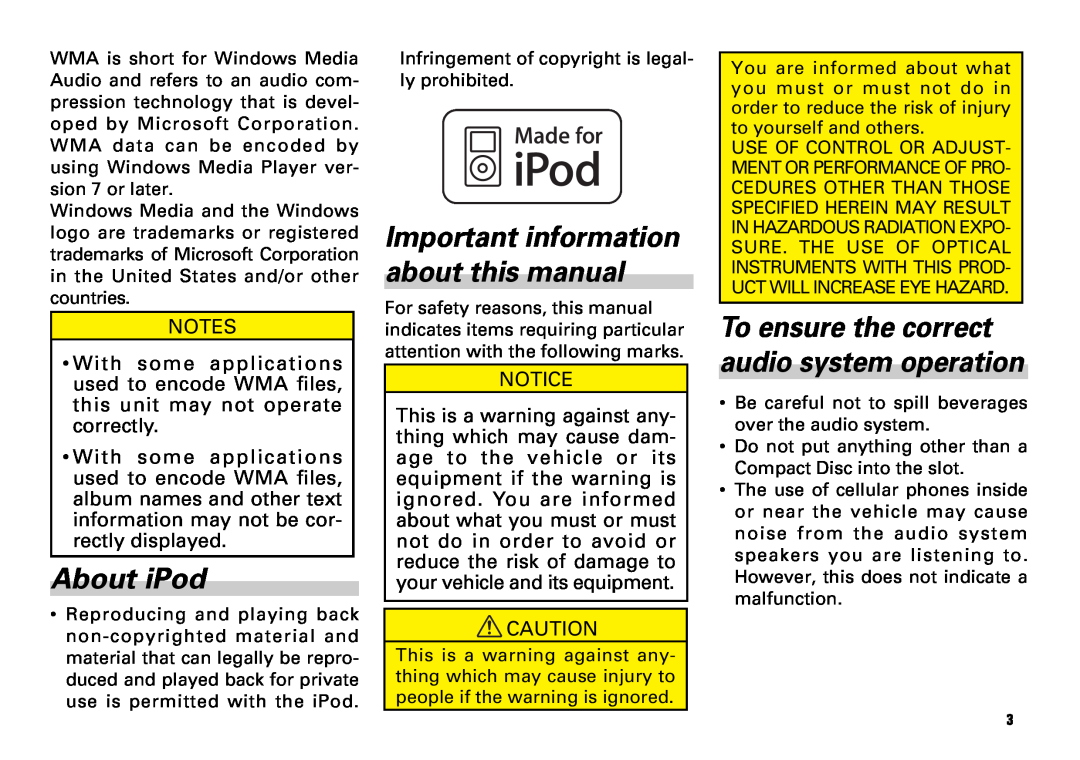 Scion PT546-00081 About iPod, Important information about this manual, To ensure the correct audio system operation 