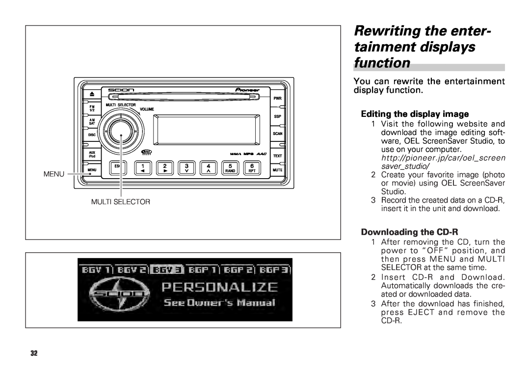 Scion PT546-00081 manual Rewriting the enter- tainment displays function, Editing the display image, Downloading the CD-R 