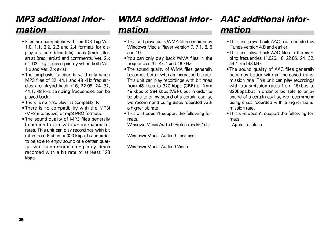 Scion PT546-00081 manual MP3 additional infor, WMA additional infor, AAC additional infor, mation 