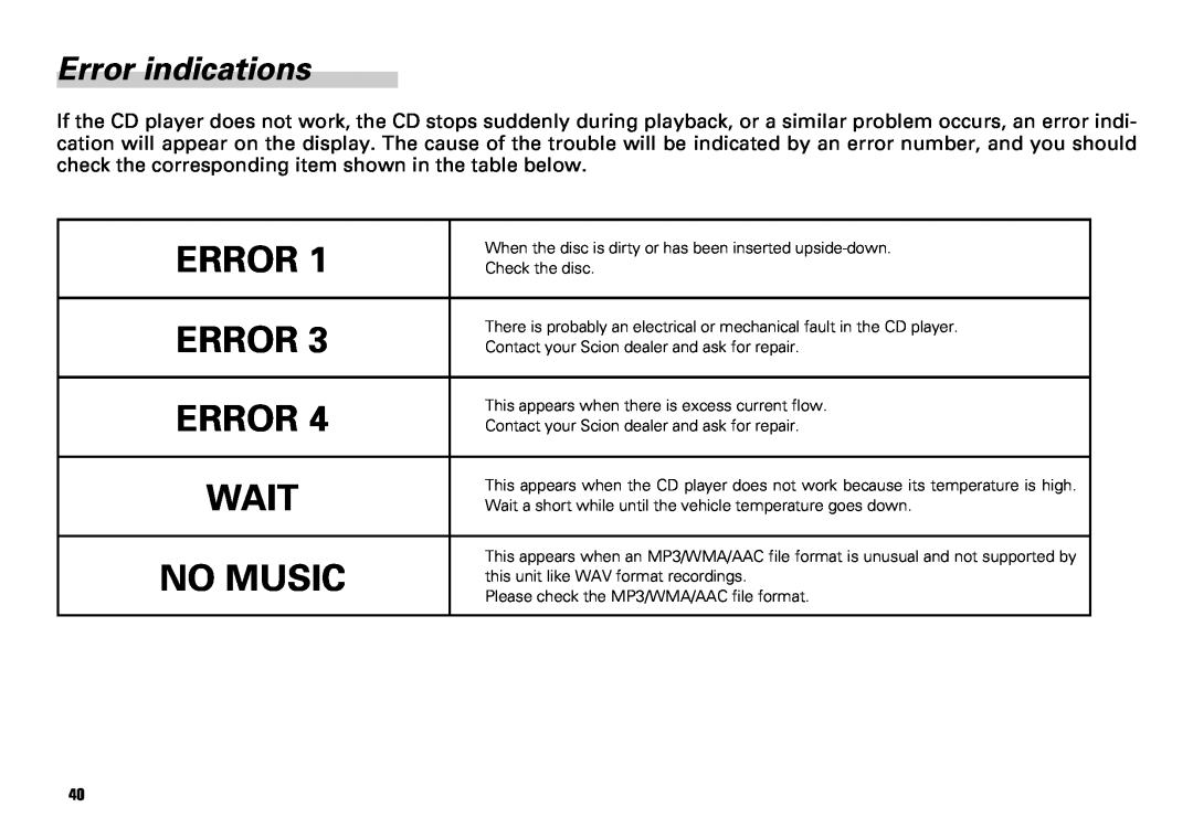 Scion PT546-00081 manual Wait, No Music, Error indications 