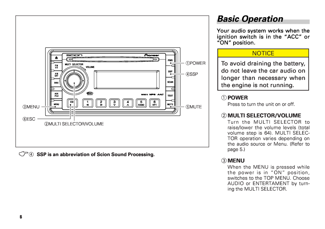 Scion PT546-00081 Basic Operation, Power, Multi Selector/Volume, Menu, SSP is an abbreviation of Scion Sound Processing 