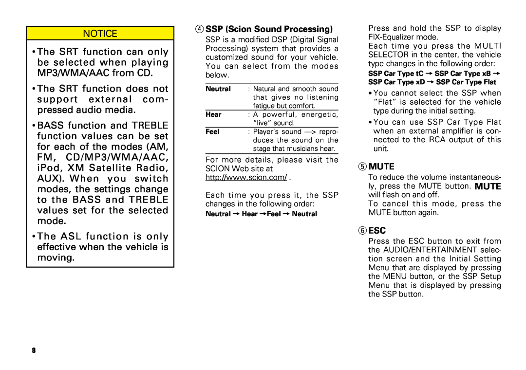 Scion PT546-00081 The SRT function does not support external com- pressed audio media, SSP Scion Sound Processing, Mute 