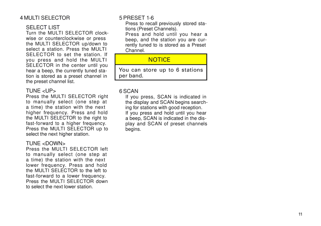 Scion PT546-00100 manual Multi Selector Select List, Tune UP, Tune Down, Preset, Scan 