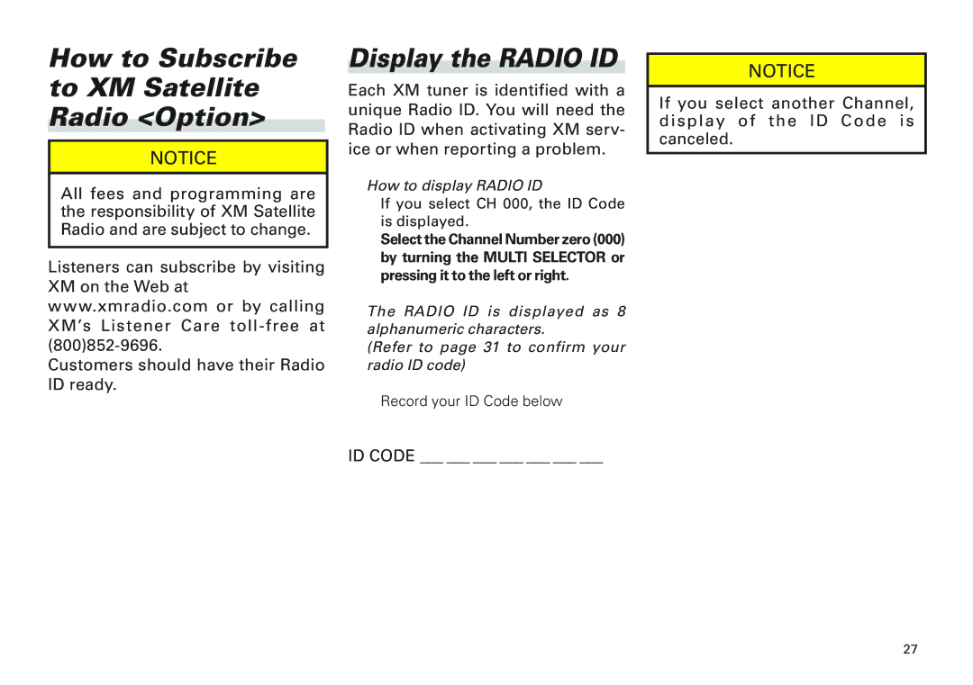 Scion PT546-00100 manual How to Subscribe to XM Satellite Radio Option, Display the Radio ID 