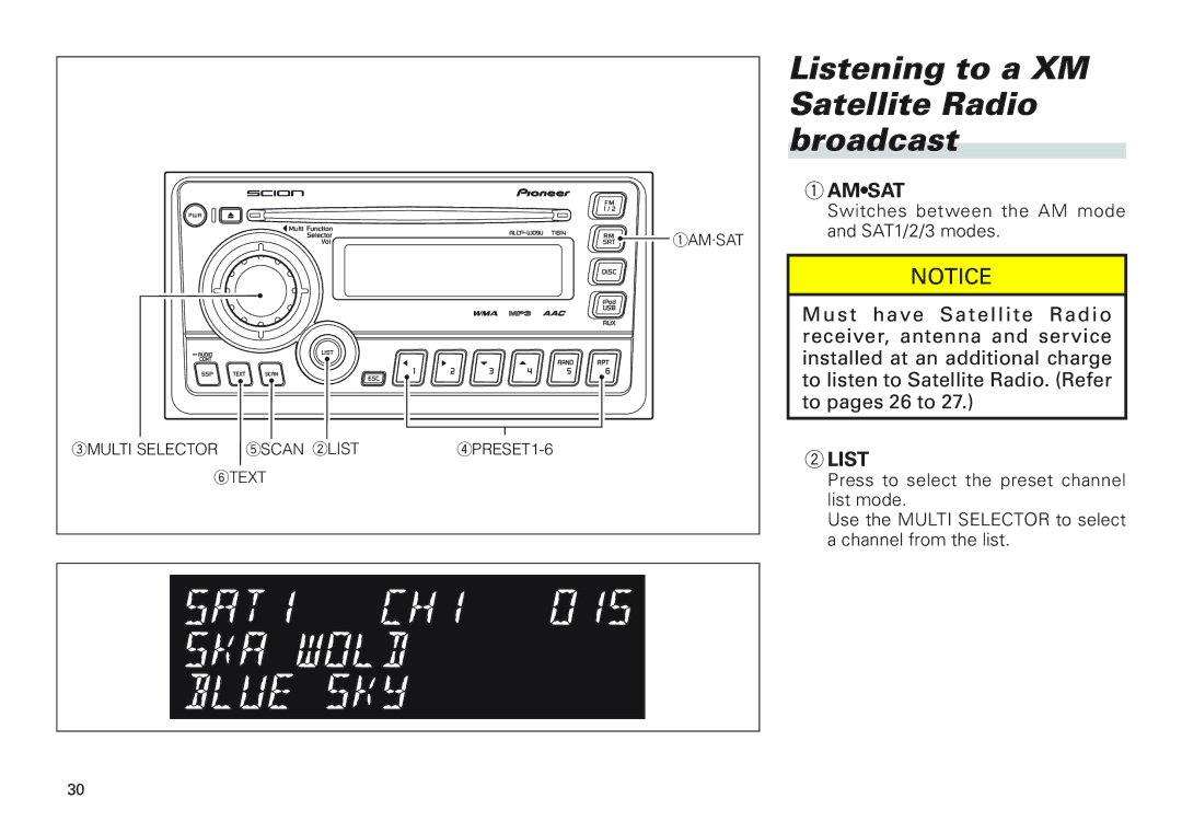 Scion PT546-00100 manual Listening to a XM Satellite Radio broadcast, Amsat 