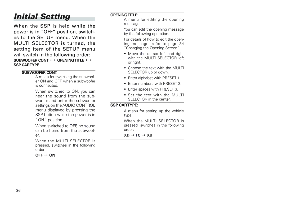 Scion PT546-00100 manual Initial Setting, SSP Cartype Subwoofer 