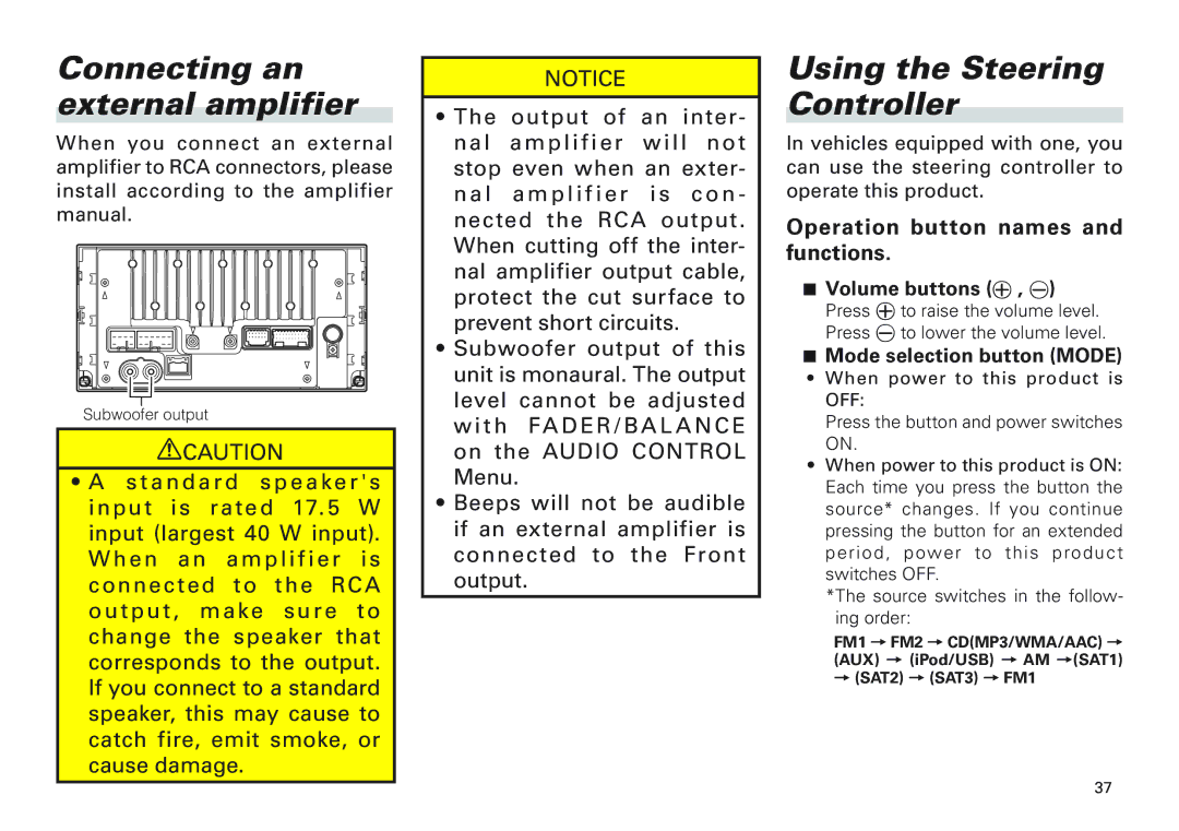 Scion PT546-00100 manual Connecting an external amplifier, Using the Steering Controller, Volume buttons ª , · 