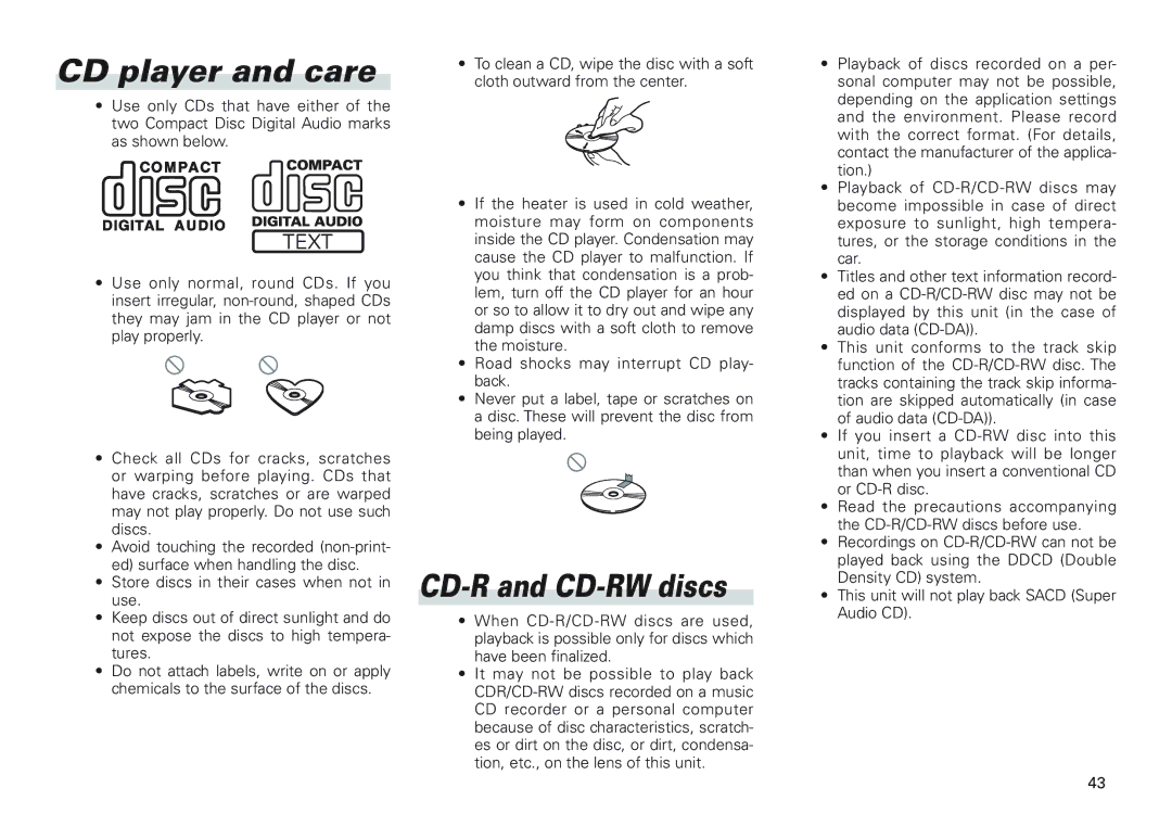 Scion PT546-00100 manual CD player and care, CD-R and CD-RW discs 