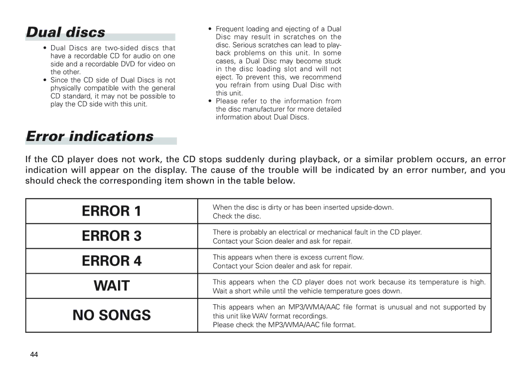 Scion PT546-00100 manual Dual discs, Error indications 