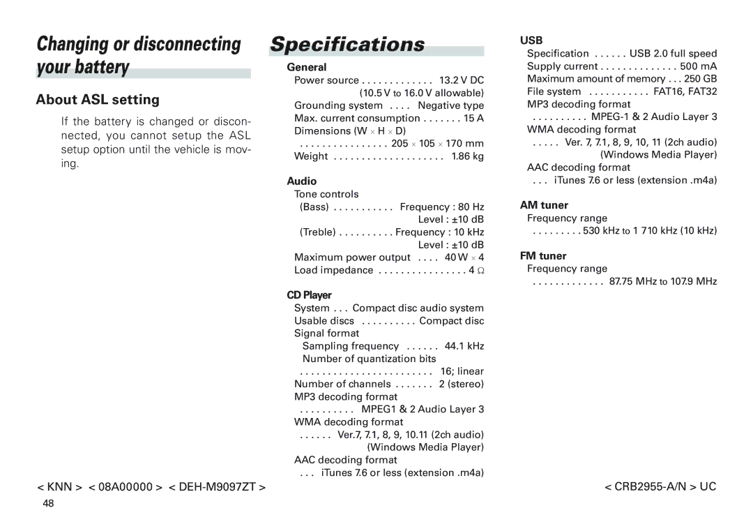 Scion PT546-00100 manual Specifications, Changing or disconnecting your battery 