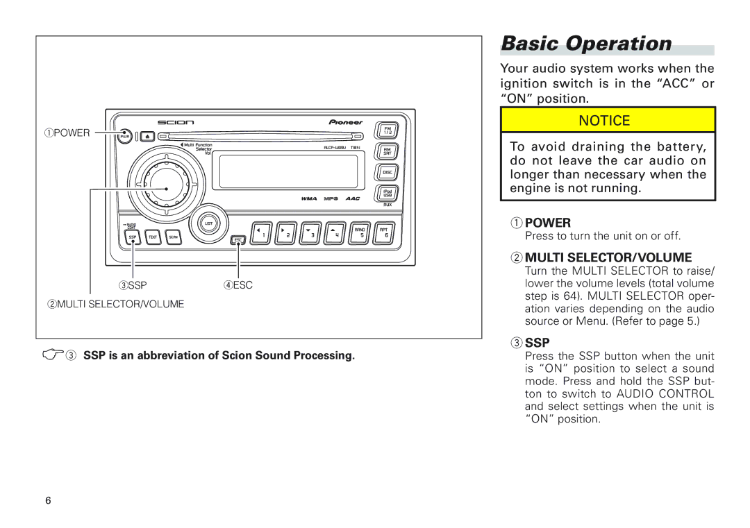 Scion PT546-00100 manual Basic Operation, Power, Multi SELECTOR/VOLUME, Ssp 