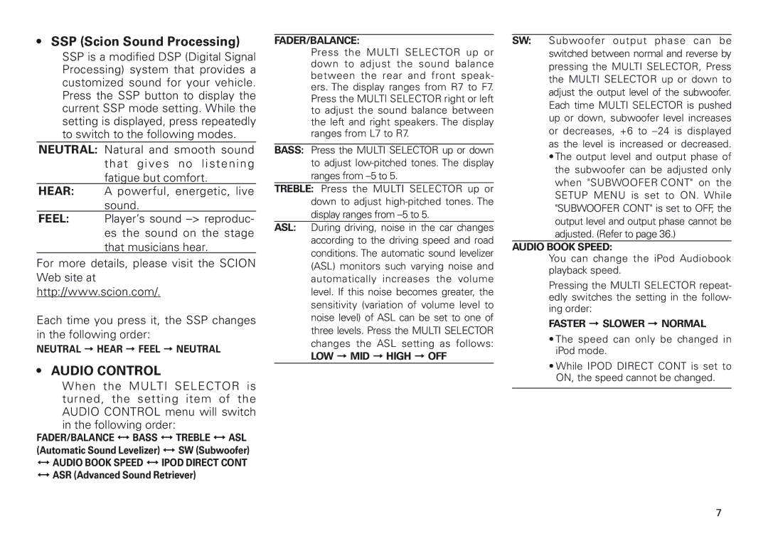 Scion PT546-00100 manual SSP Scion Sound Processing, Audio Control 