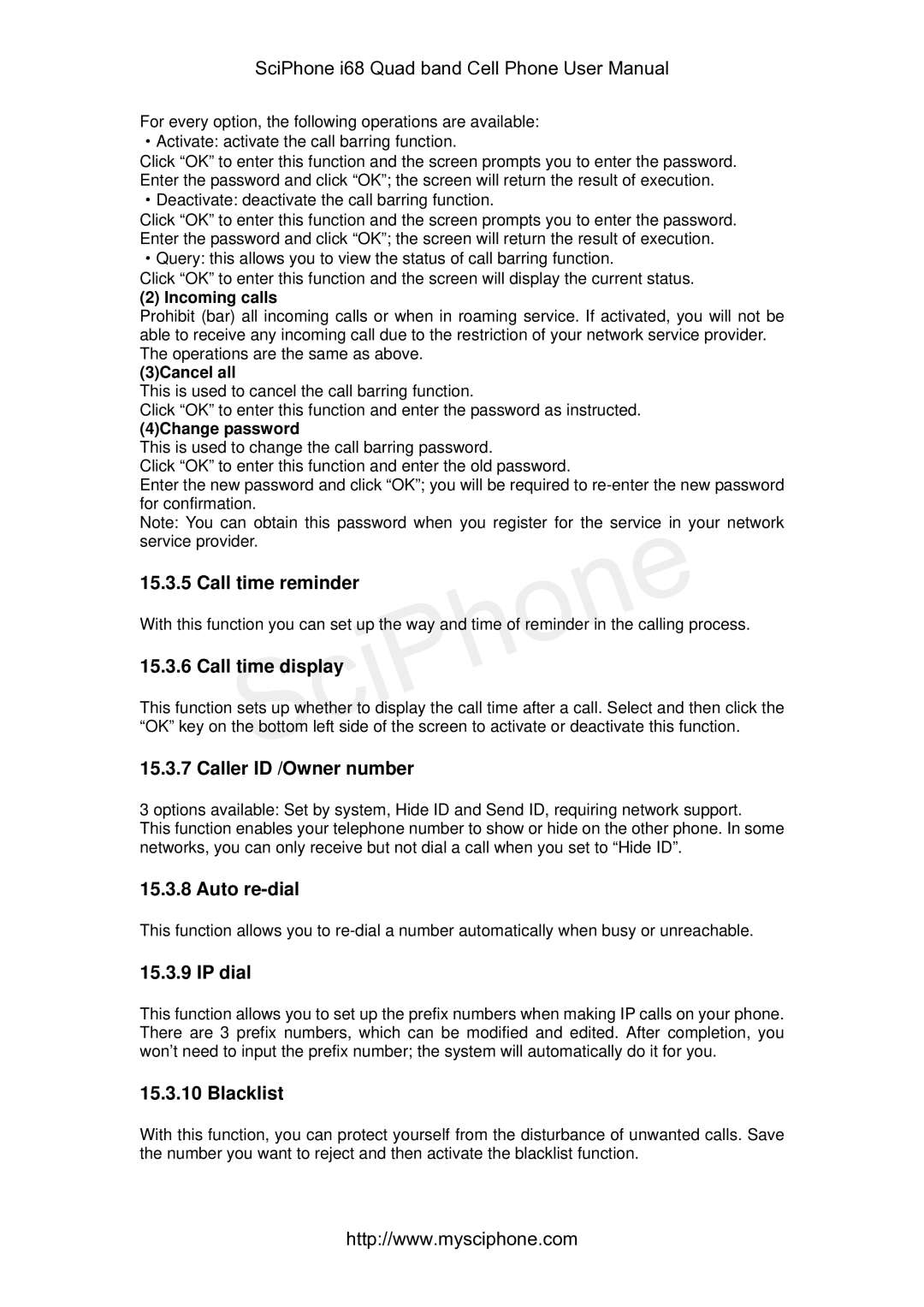 SciPhone I68 manual Call time reminder, Call time display, Caller ID /Owner number, Auto re-dial, IP dial, Blacklist 