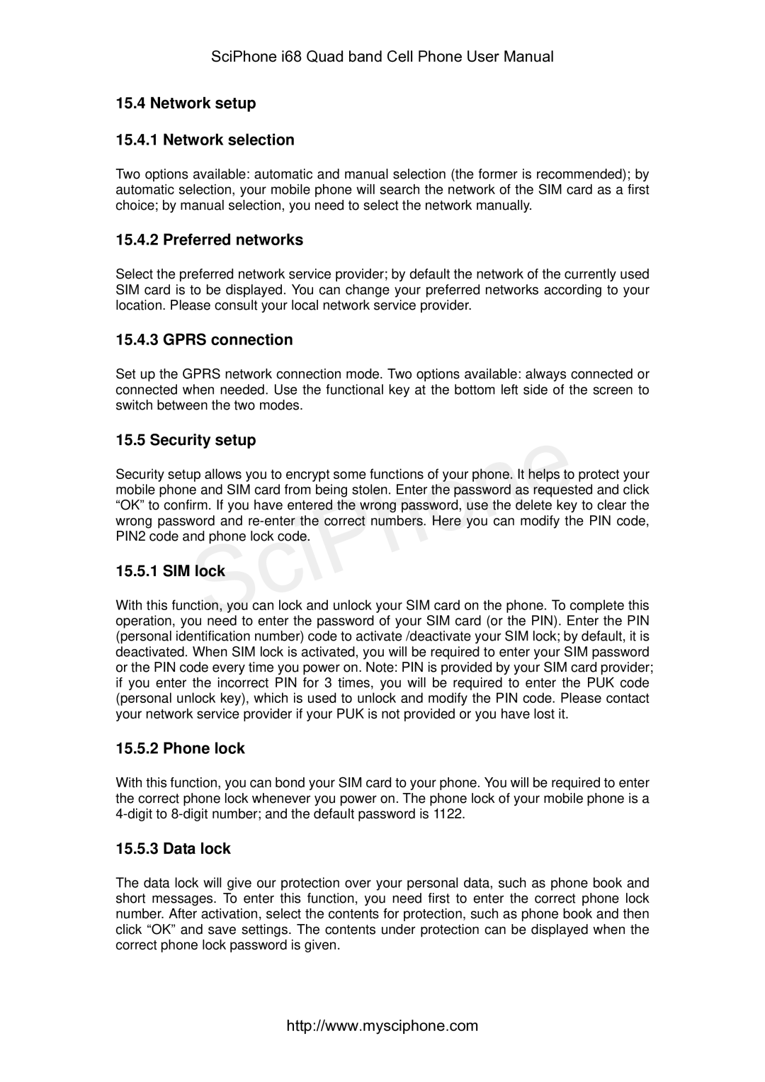 SciPhone I68 manual Network setup 15.4.1 Network selection, Preferred networks, Gprs connection, Security setup, SIM lock 