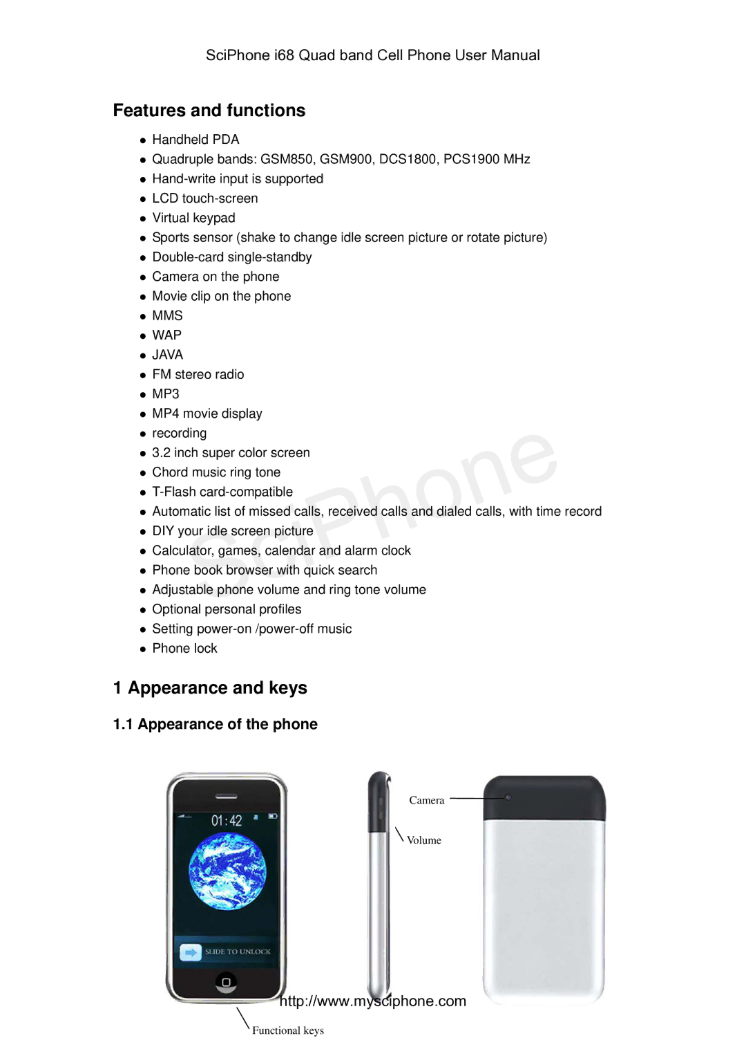 SciPhone I68 manual Features and functions, Appearance and keys, Appearance of the phone 