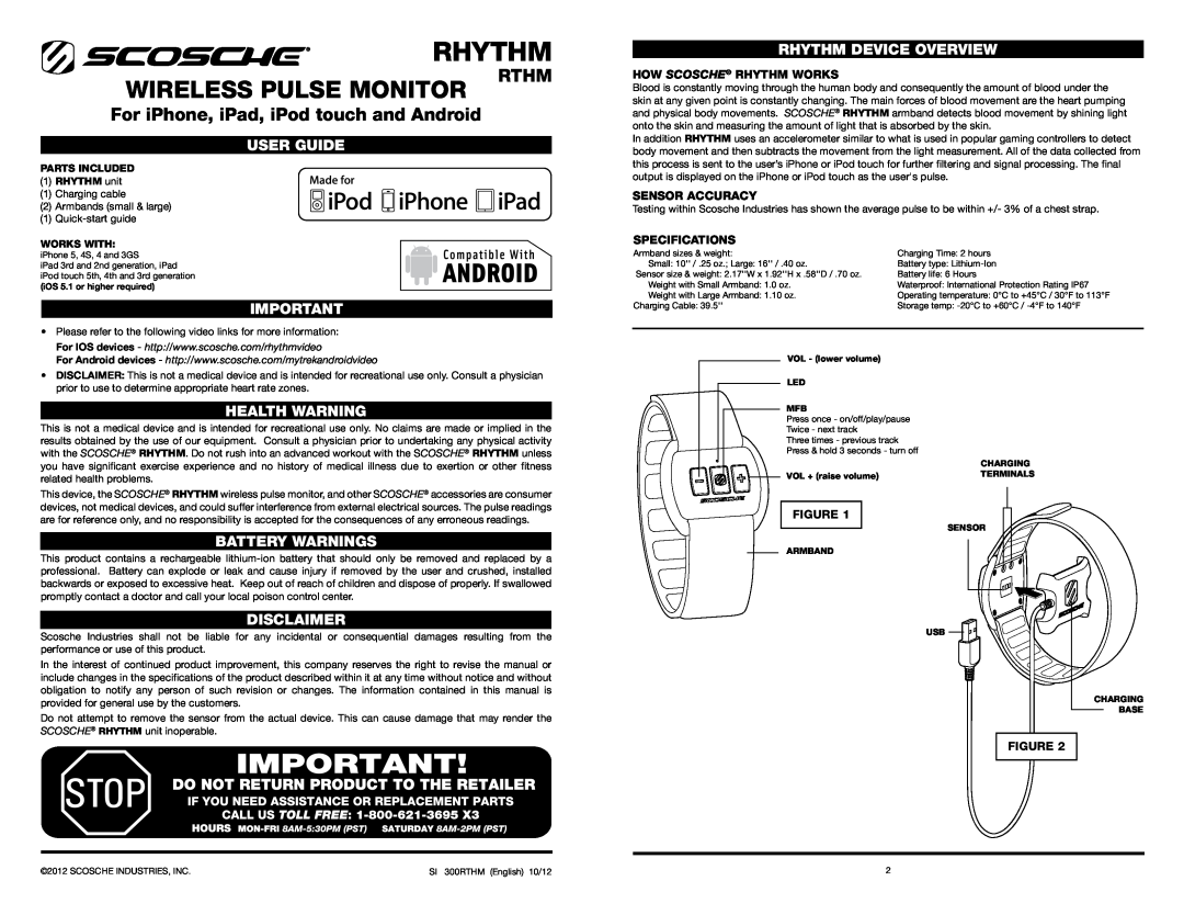 Scosche Industries 0265IPTM manual User Guide, Health WARNING, Battery Warnings, Disclaimer, Rhythm Device Overview, Rthm 