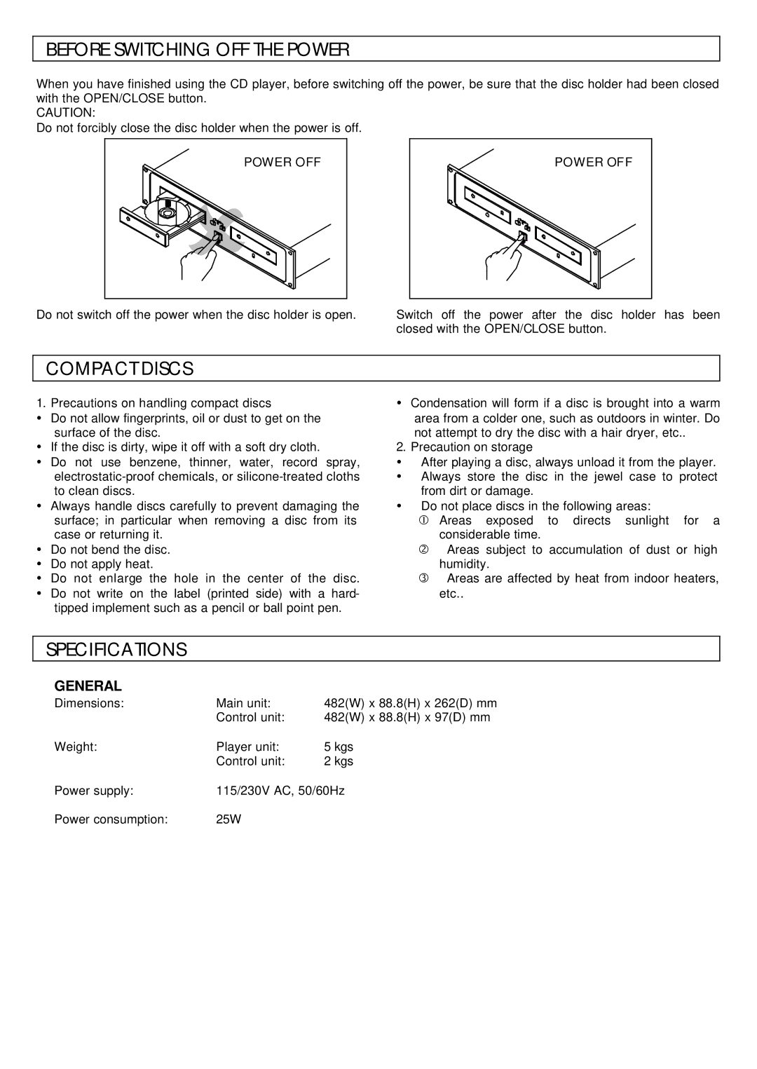 Scosche Industries HDJ-2450 manual Before Switching OFF the Power, Compact Discs, Specifications, General, Power OFF 