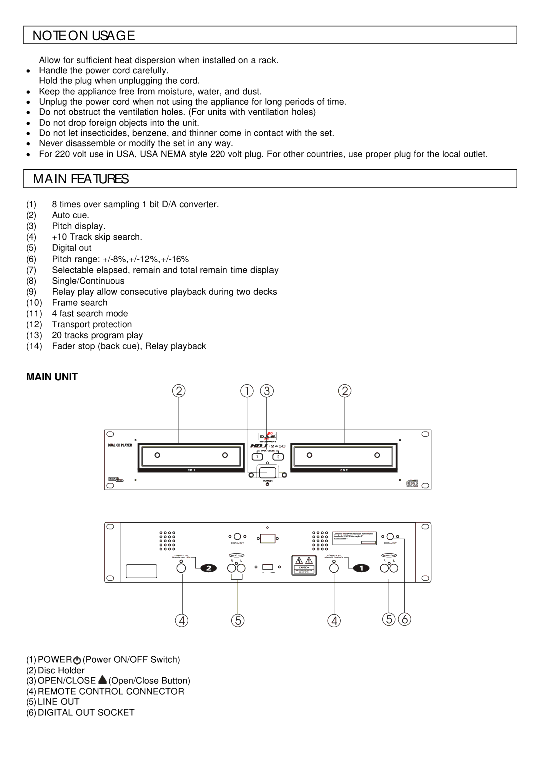 Scosche Industries HDJ-2450 manual Main Features, Main Unit, Remote Control Connector Line OUT Digital OUT Socket 