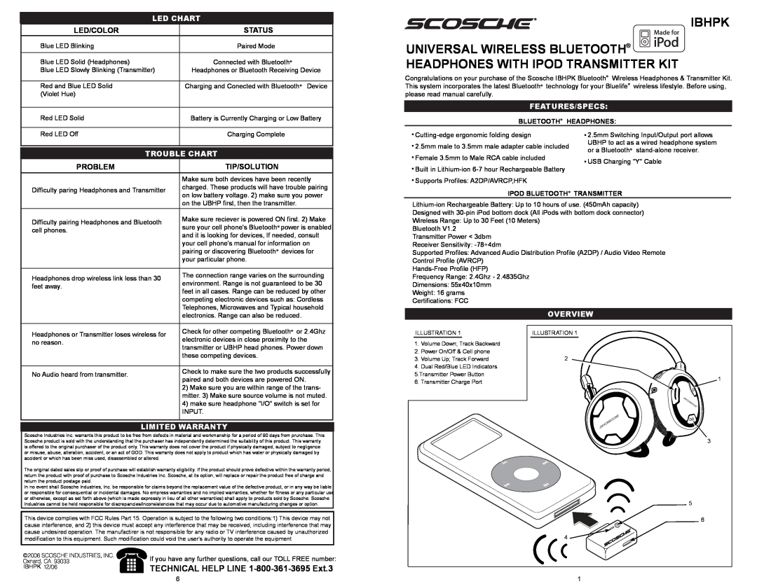 Scosche Industries IBHPK manual Led Chart, Trouble Chart, Features/Specs, Overview, Limited Warranty, Bluetooth Headphones 