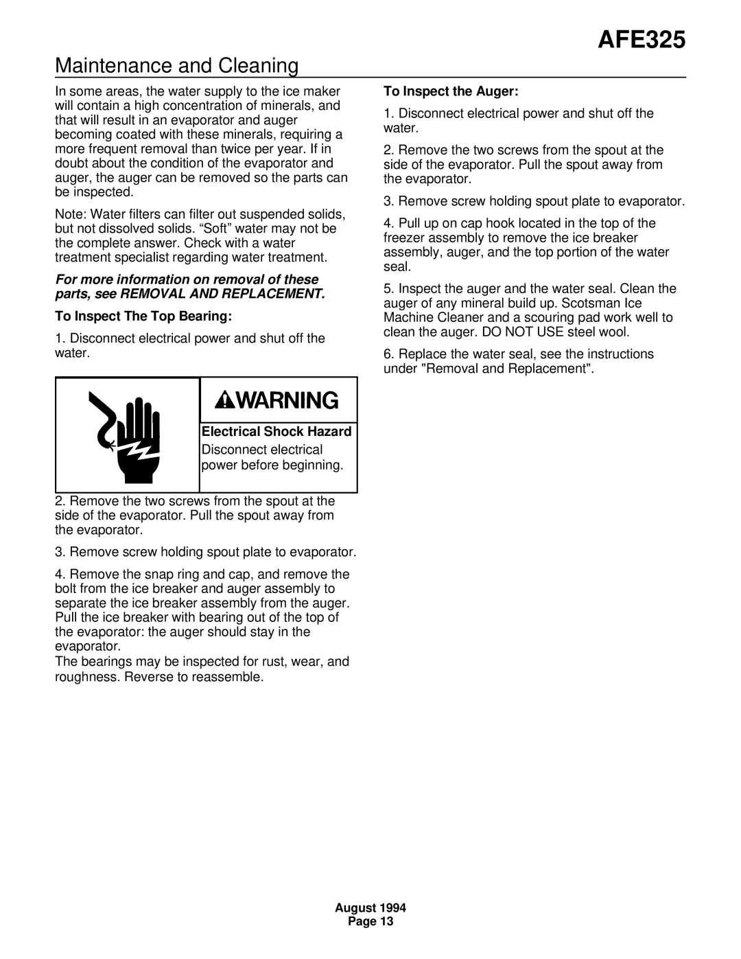 Scotsman Ice AFE325 Maintenance and Cleaning, To Inspect The Top Bearing, Electrical Shock Hazard, To Inspect the Auger 
