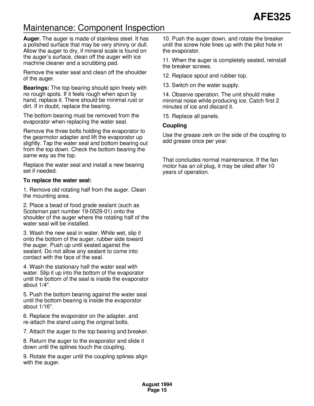 Scotsman Ice AFE325 specifications Maintenance Component Inspection, To replace the water seal, Coupling 