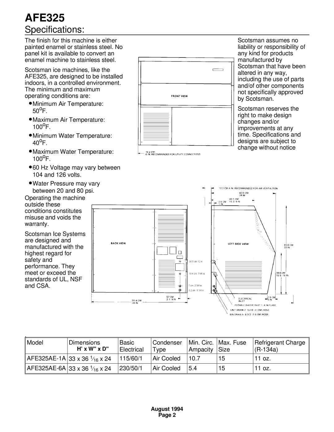 Scotsman Ice AFE325 specifications Specifications 