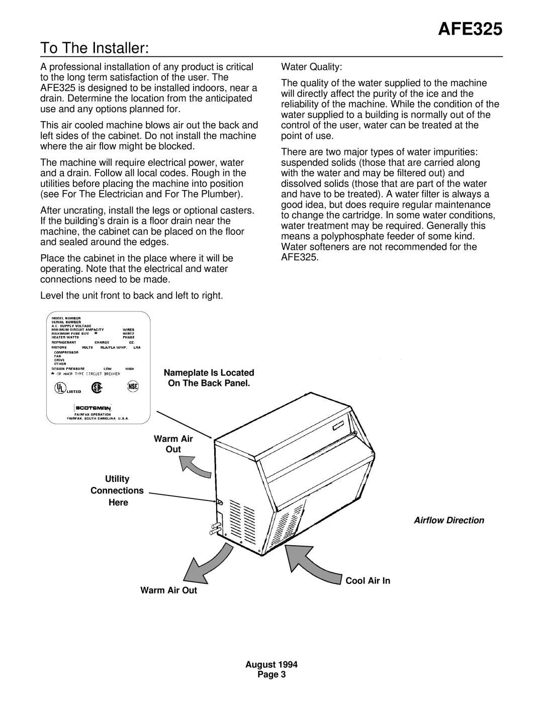 Scotsman Ice AFE325 specifications To The Installer 