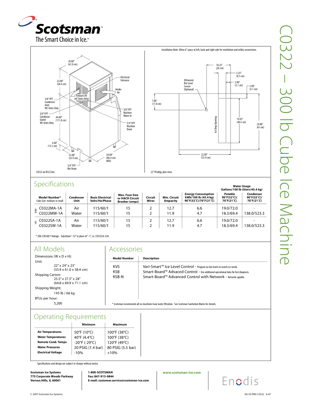 Scotsman Ice C0322 warranty Ice Machine, Specifications, All Models, Accessories 