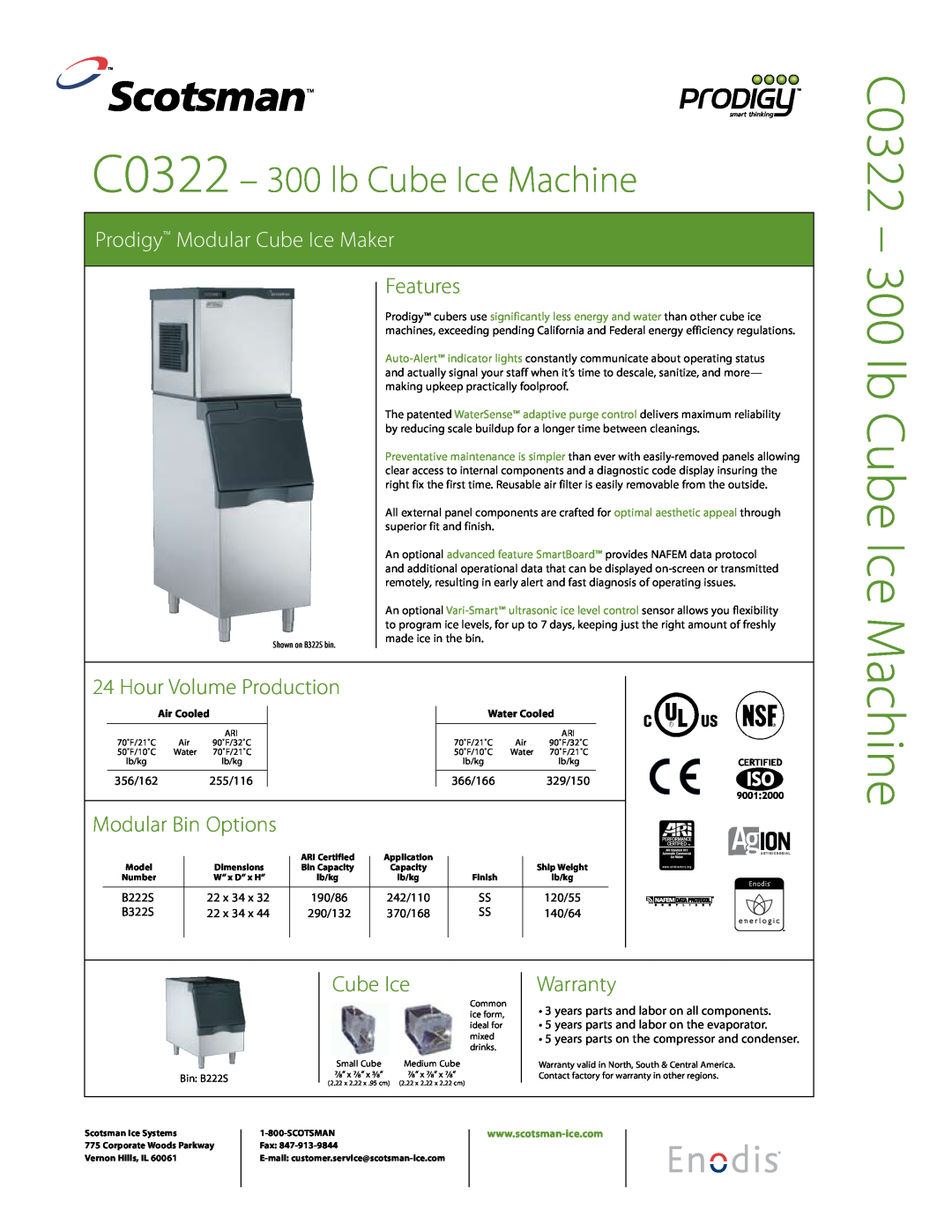 Scotsman Ice C0322 warranty Machine, Features, Hour Volume Production, Modular Bin Options, Cube Ice, Warranty, 190/86 