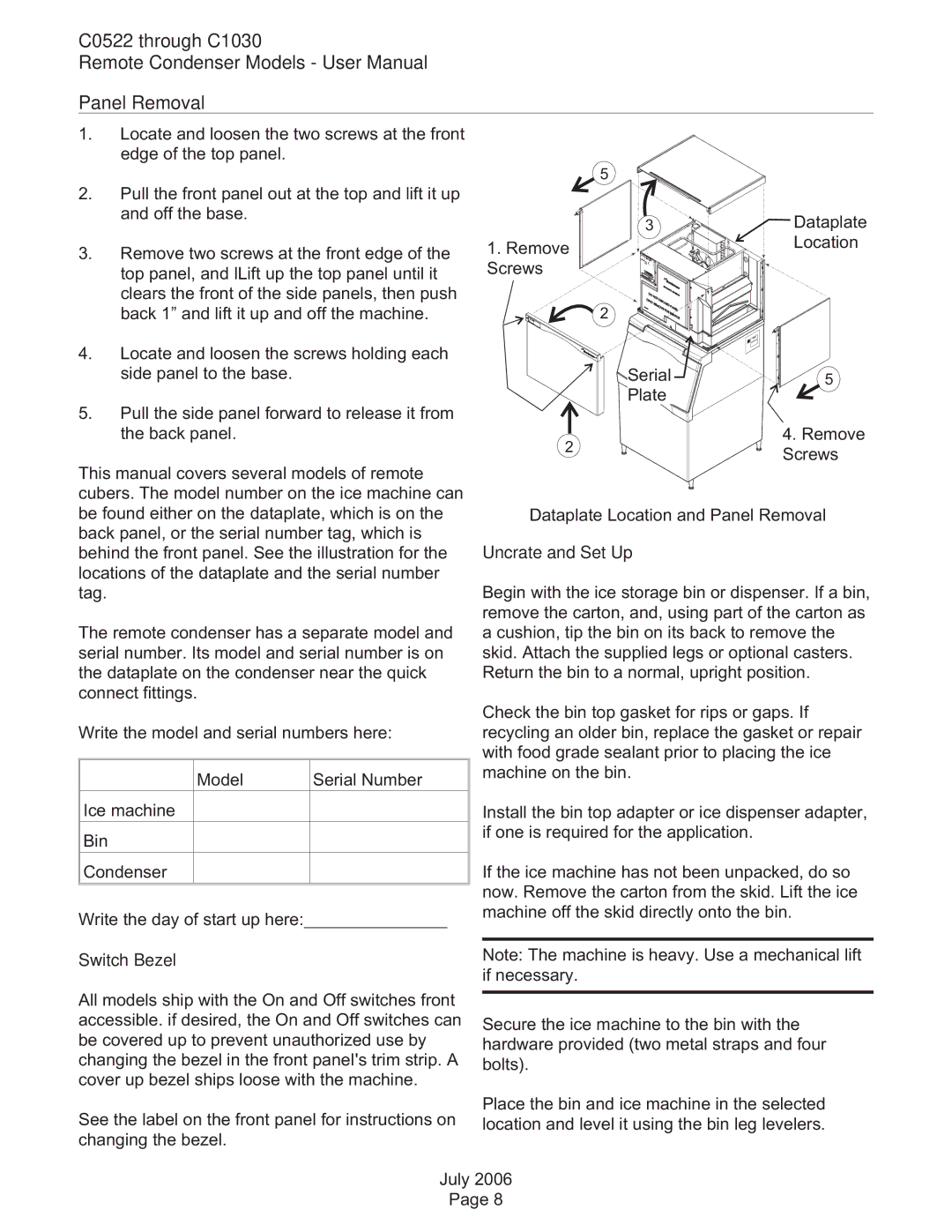 Scotsman Ice C0530, C0830, C0630 user manual C0522 through C1030 Panel Removal, Switch Bezel, Uncrate and Set Up 