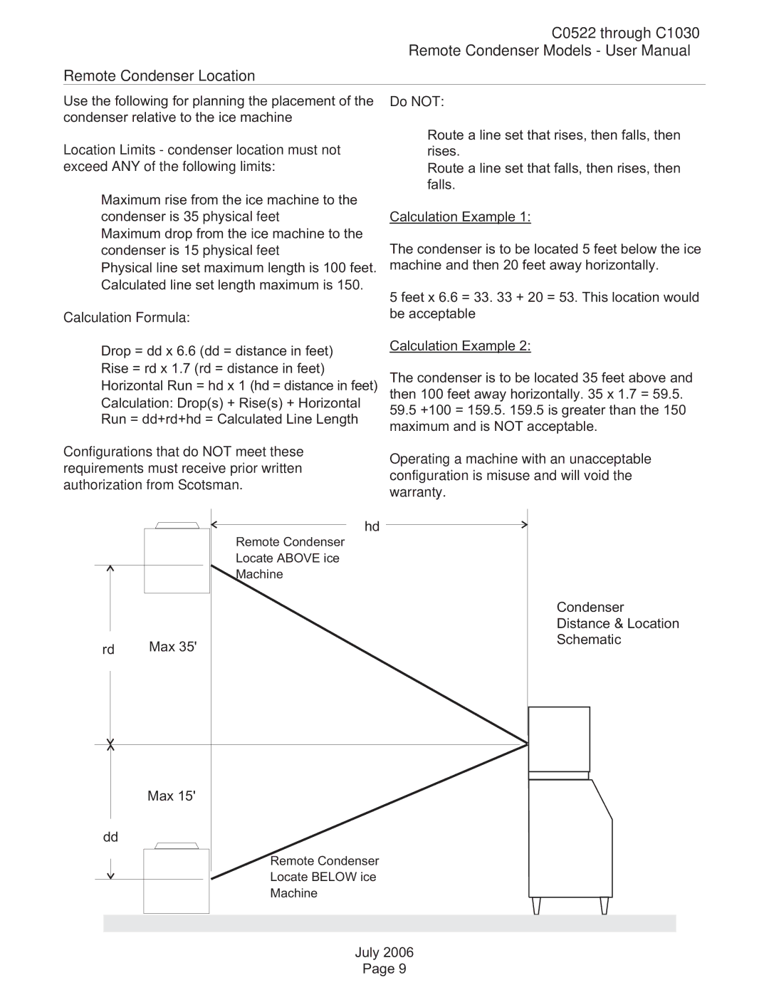 Scotsman Ice C0530, C0830, C0630 user manual C0522 through C1030 Remote Condenser Location, Calculation Formula 