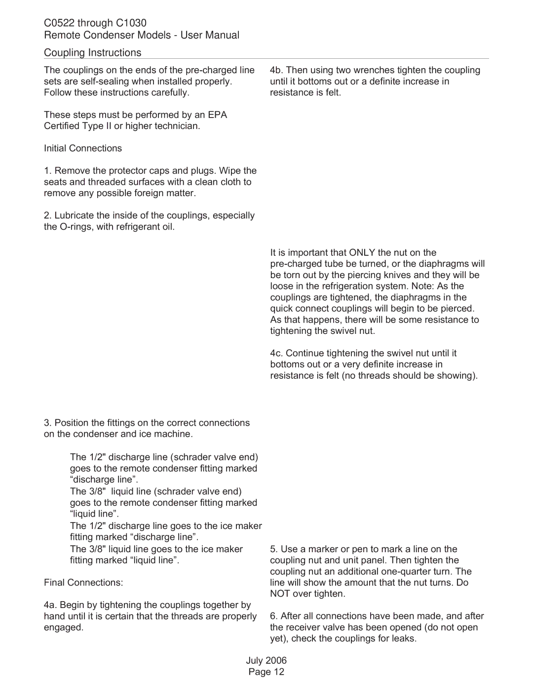 Scotsman Ice C0630, C0530, C0830 user manual C0522 through C1030 Coupling Instructions 