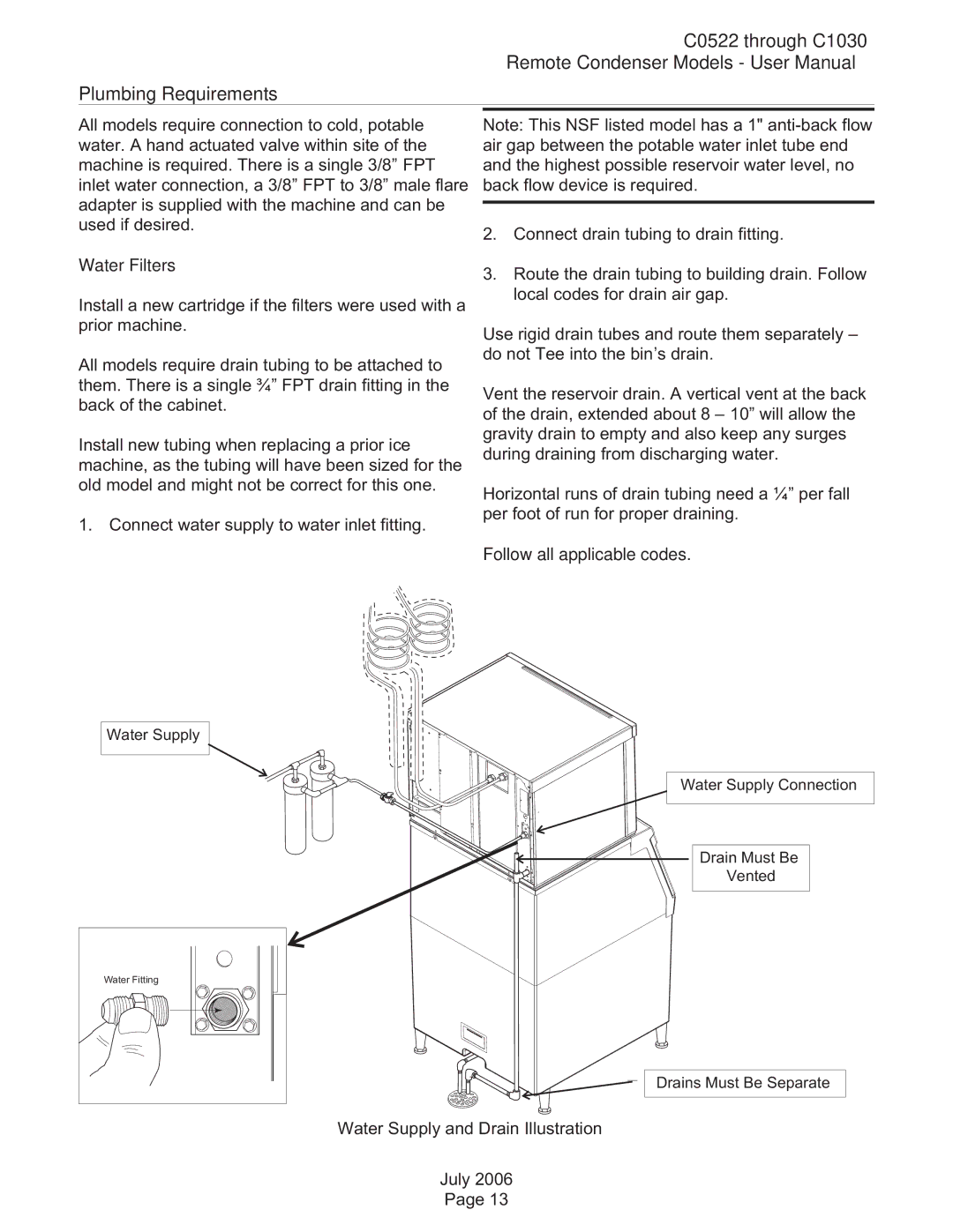 Scotsman Ice C0530, C0830, C0630 C0522 through C1030 Plumbing Requirements, Water Filters, Follow all applicable codes 